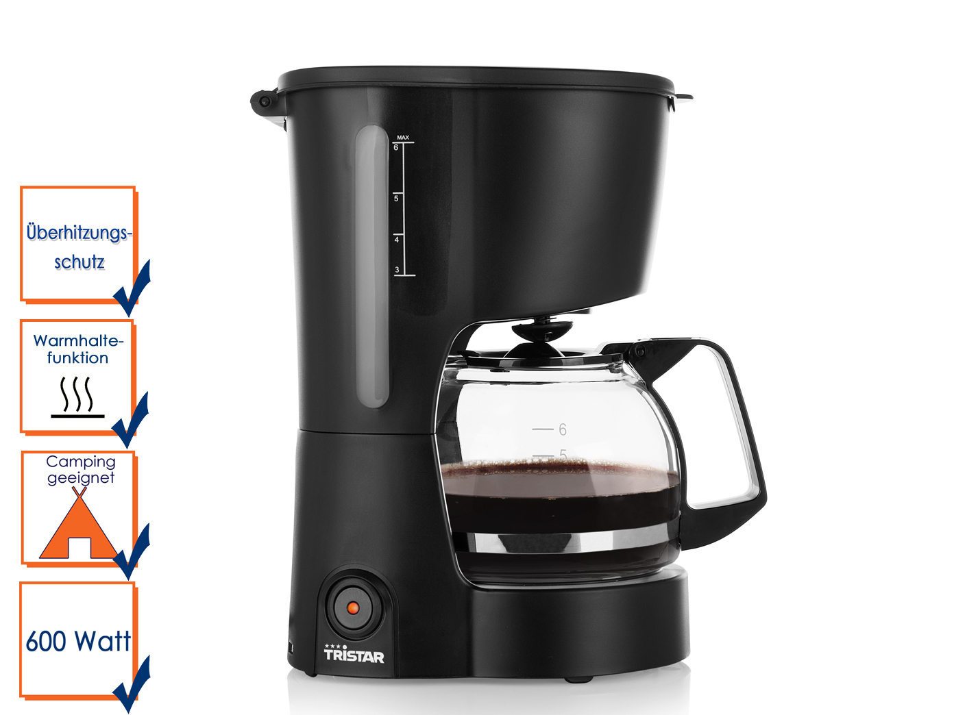 Kompakte Kaffeemaschine geeignet für 6 Tassen und einer Leistung von 600 Watt